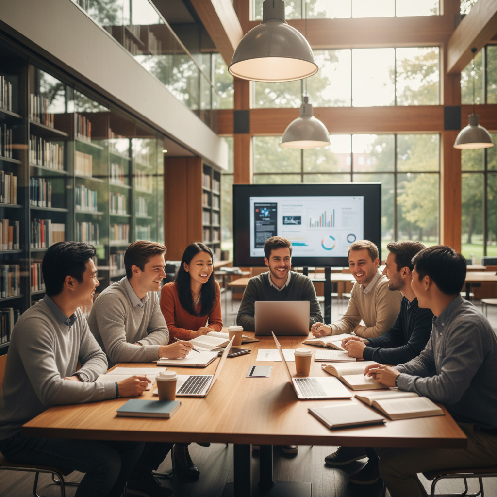 Diverse group of international students collaborating and celebrating at a university campus